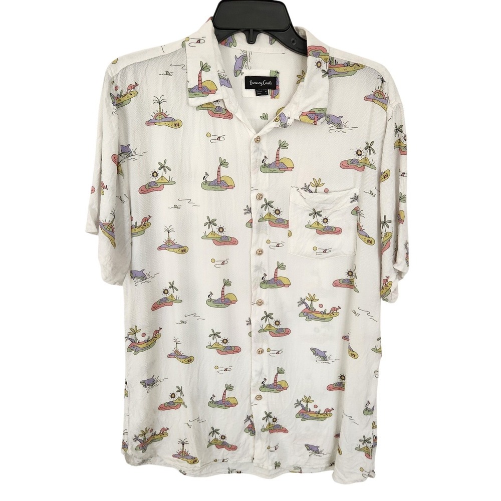 Barney Cools Tropical Island Print Button Up Short Sleeve‎ Mens Shirt Size M